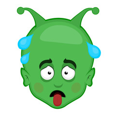 vector illustration face alien, extraterrestrial or martian character cartoon, exhausted with his tongue out and drops of sweat on his head