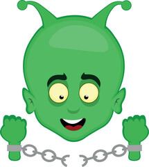 vector illustration face alien or extraterrestrial cartoon, breaking chains of the hands, in the concept of freedom