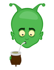 vector illustration face alien or extraterrestrial cartoon drinking mate, a classic drink of argentinian culture