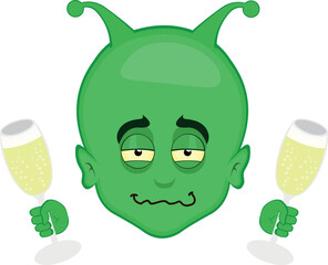 vector illustration face alien, extraterrestrial or martian character cartoon, drunk with glasses of chamapaña or cider in his hands