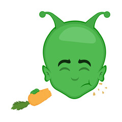 vector illustration face alien, extraterrestrial or martian character cartoon, eating carrot