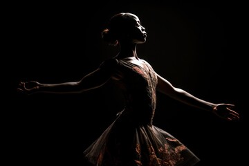 A ballerina captured in a backlit pose, her figure defined by the delicate interplay of light and shadow, exudes a sense of strength and grace.
