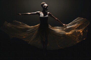 Obraz premium A ballerina in motion, her translucent skirt catching the light, creating a visual symphony of gold and shadows