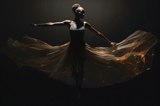 A ballerina in motion, her translucent skirt catching the light, creating a visual symphony of gold and shadows