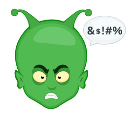vector illustration face alien, extraterrestrial or martian character cartoon angry expression and a speech bubble with an insult text