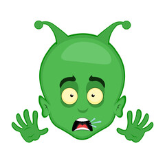 vector illustration face alien, extraterrestrial or martian character cartoon with a scared facial and hand expression