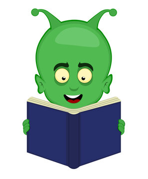 vector illustration face alien, extraterrestrial or martian character cartoon reading a book