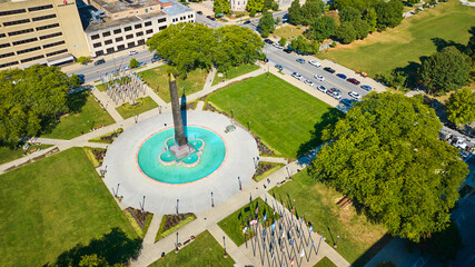 Aerial View of Obelisk Monument and Fountain in Urban Park, Indianapolis