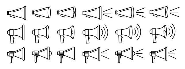 Loudspeaker vector icon set. Announce megaphone vector symbol. Bullhorn sign. Public announcement megafon symbol. - obrazy, fototapety, plakaty