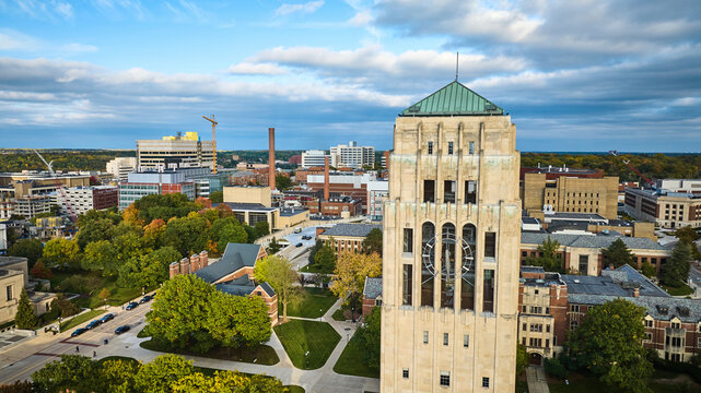 Aerial View of Burton Memorial Tower in Ann Arbor Campus