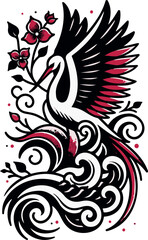 Graceful Crane with Orchid Flowers Japanese Tattoo Design