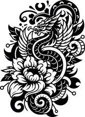 Japanese Phoenix Rising Amongst Floral Swirls Tattoo Design