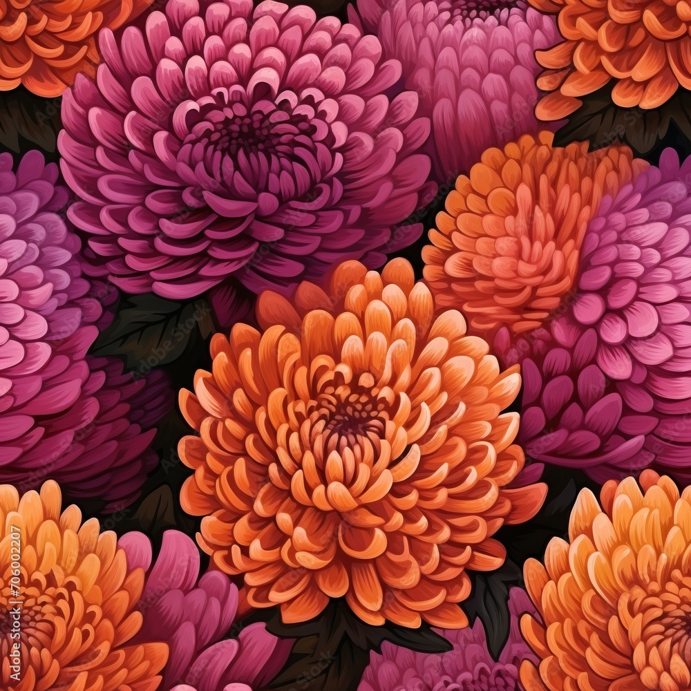 Poster elegant chrysanthemum flower blooms seamless pattern in top view for textile and print design