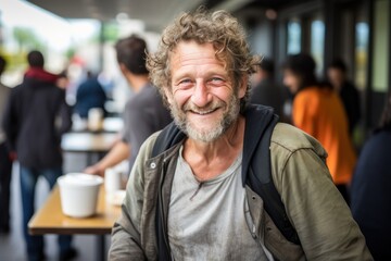 Positive homeless white man in cafe, smilling,  surrounded by other people
