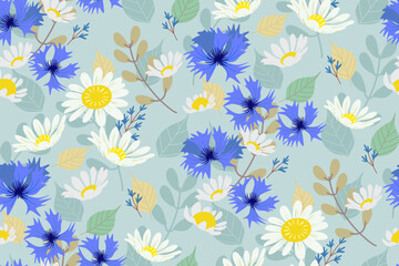 floral seamless pattern. White blue flowers motifs vector illustration. Pastel colours white daisy blue cornflower meadows with leaf. Pack pattern design background border.
