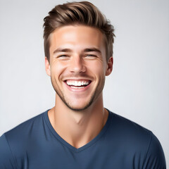 A professional portrait studio photo of a handsome young white american man model with perfect clean teeth laughing and smiling. isolated on white background. for ads and web design.