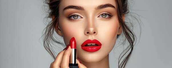 Beautiful woman applying lipstick - Powered by Adobe