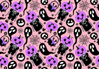 Cartoon Halloween seamless pumpkins and monsters and ghost pattern for wrapping paper and fabrics and linens