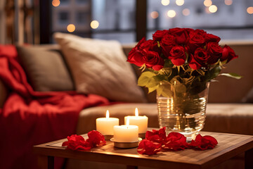 Obraz premium Red roses in the vase on the table in the living room