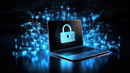 Computer with lock on black background with binary matrix code. Computer Cyber Security Day, awareness about promoting best practices for staying safe online. Online safety. Banner with copy space