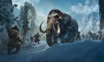 Primitive hunters facing a huge mammoth in a frozen forest 