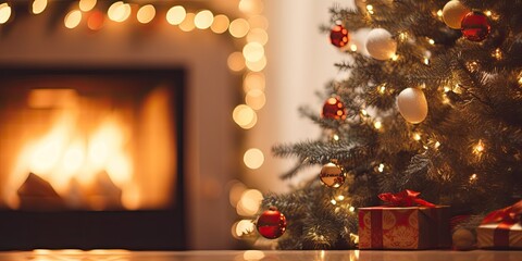 Fototapeta na wymiar Blurred fireplace background with close-up Christmas tree.