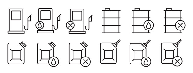 Car petrol or diesel fuel pump station vector icon set. fossil oil drum sign. refuel canister symbol.