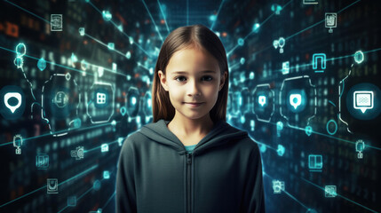 Child girl with background of digital binary code matrix. Promote awareness of cybersecurity, online safety for kids. Coding and programming. Concept of online learning and education for children