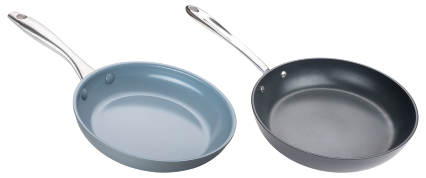 Frying pan. Ceramic nonstick pan with stainless steel handle. Fry pan for cooking. Gray ceramic coating. Free of PFAS, PFOA, lead and cadmium. Professional chef kitchenware. White isolated background