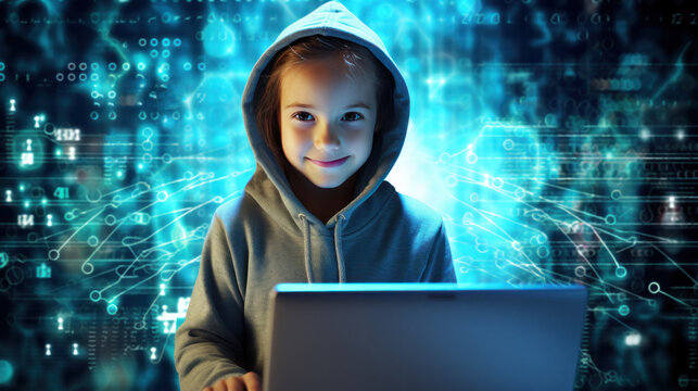 Child sitting at computer with background digital binary code matrix. Promote awareness of cybersecurity, online safety for kids. Computer Cyber Security Day. Concept of Online learning for children
