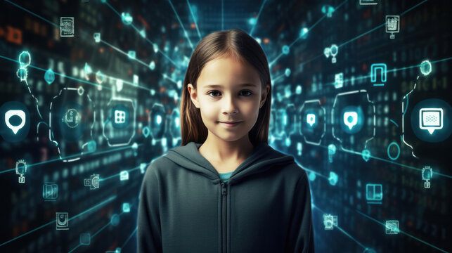 Child girl with background of digital binary code matrix. Promote awareness of cybersecurity, online safety for kids. Coding and programming. Concept of online learning and education for children - Powered by Adobe