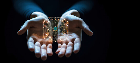 Virtual computer chip circuit board in the human hands on dark background. Technology Innovation and Electronics Development concept. Future Technology and High-Tech Gadgets. Hardware Engineering
