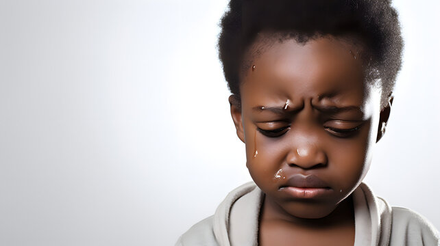 African child cries with tears on his face white background