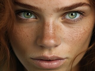 Portrait of a red-haired girl with freckles and a white mustache. Focus on close-ups of women with fierce and determined eyes, challenging stereotypes and prejudices.