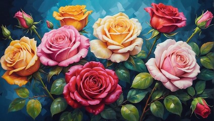 Colorful Roses Drawn with Oil Paint Background Wallpaper