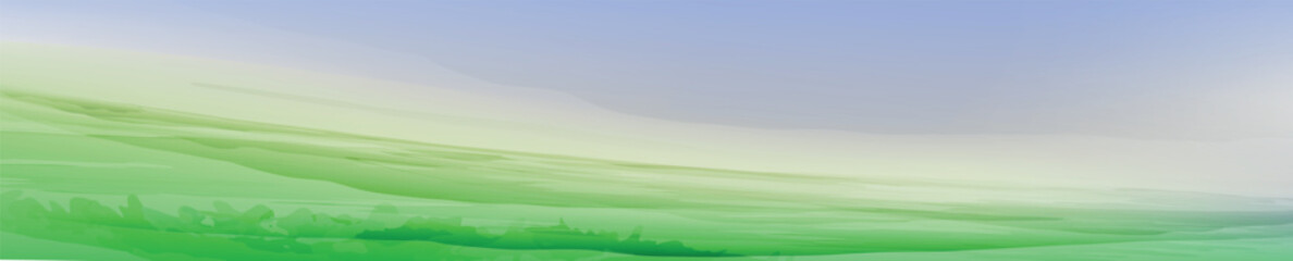 Obraz na płótnie Canvas Watercolor spring. Horizontal banner with blue sky, mountain, fields. Place for text. Watercolor textured vector background. 
