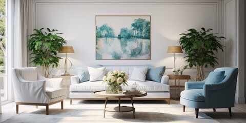 Cozy living room with white sofa and blue armchairs