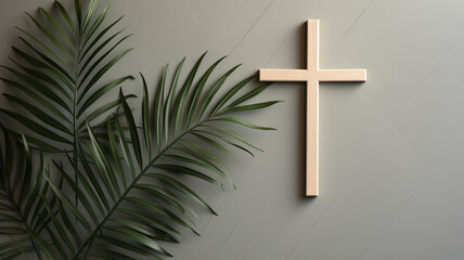 Palm Sunday, Christians to welcome Jesus Christ, cross crucifix, church christian catholic trust believe faith, happy easter, leaves, grass, wood, banner copy space greeting card background. - obrazy, fototapety, plakaty