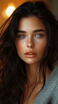 Profile photo of a handsome and attractive young adult woman, Instagram model, black hair and blue eyes and beautiful pretty model, professional - generative ai