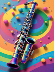 Vibrant Clarinet with Colorful Swirling Notes - Joyful 3D Pop Art Illustration with Double Rainbow Gen AI - obrazy, fototapety, plakaty