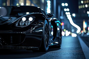 Shiny black sports car against a dark urban background