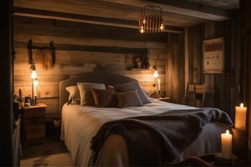 Cozy bedroom with a rustic feel. Generative AI