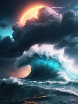 Epic Cyberpunk Tsunami - A dramatic cyclone churning the ocean waters under a neon-lit sky with futuristic elements and a crashing tsunami wave in high-resolution 8K Gen AI
