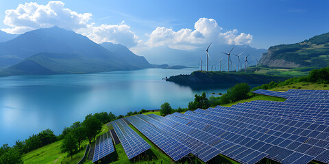 Fazenda solar ou turbinas eólicas em um cenário pitoresco, ilustrando o uso da tecnologia de energia renovável. A imagem transmite sustentabilidade e a mudança para fontes de energia mais limpas - obrazy, fototapety, plakaty