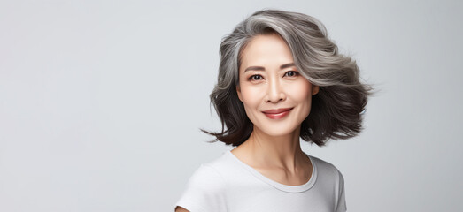 Japanese woman portrait with perfect smooth healthy face skin, young looking natural beauty asian woman. Open smiling beautiful aging mature woman. Beauty and cosmetics skincare advertising concept - obrazy, fototapety, plakaty