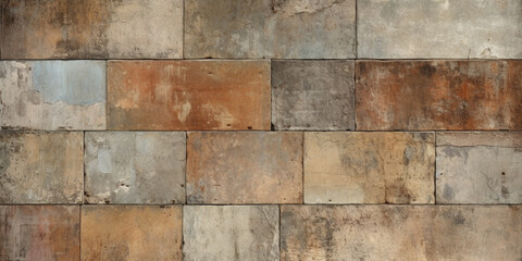 Naklejka premium background with the texture of old vintage worn peeling cement tiles with the effect of a patchwork motif, brown-gray tinting