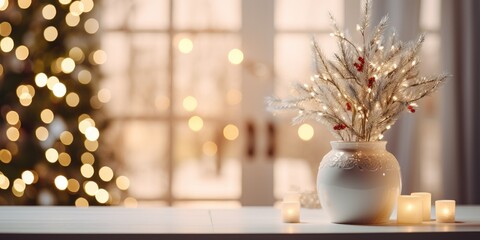 Festive winter decorations: green branches in a vase, ceramic house, tree, and garland lights on a stylish table.