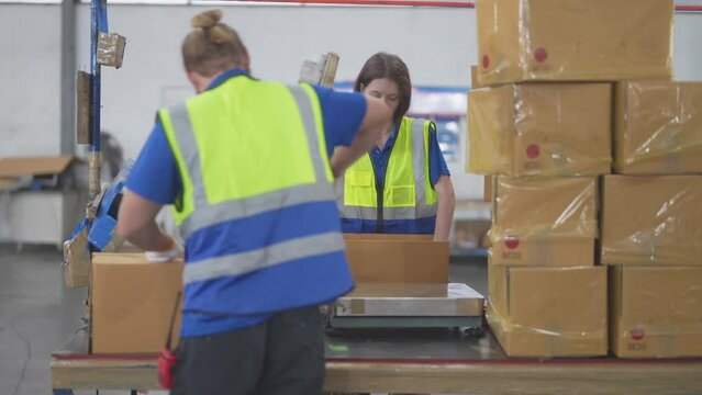 Warehouse worker folding paper box for packing the items in a large warehouse. man sealing cardboard boxes for shipping in cargo product stock.