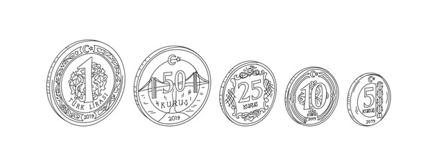 turkish coin vector illustration. hand drawn turkish liras set. one turkish lira, 50 cents, 25 cents, 10 cents, 5 cents. turkish coins