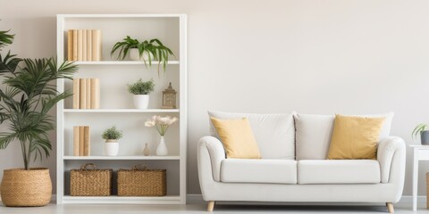 Stylish living room with white furniture and shelving unit.